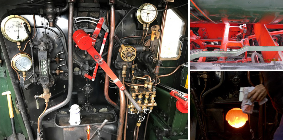 Clockwise from left: 1) the crew’s view of Erlestoke Manor, a plethora of taps, levers and Driver Dai’s tea 2) the essential gear between the frames that most people don’t realise is even there 3) heart of a steam engine, the firebox, familiar picture does no justice to the depth 