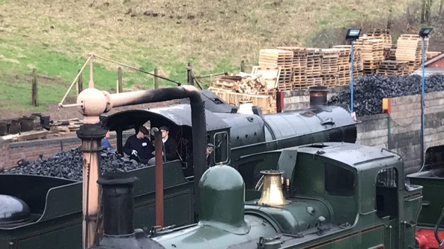 My turn with the shovel having taken on coal and water at Bridgnorth, 0-4-2 1450 in the foreground