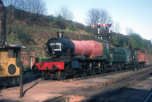 Two years after leaving Barry scrapyard, 7812 plus support Fruit D & Riding van are seen in 1976 having just arrived at Bewdley having been hauled by rail from storage at Dowty RPS site, Ashchurch. Photo: Terry Jenkins