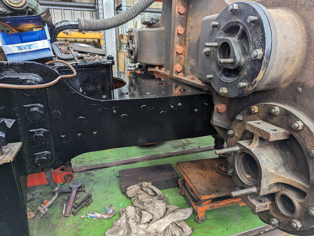 The rear of 7802’s new cylinder block is seen here on 29th July with cylinder and valve covers now fitted on both sides Photo: Paul Spence