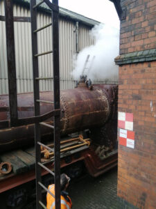 7802’s safety valves lift for the first time since 2019 during its insurance steam test on 19th December [Photo: Terry Jenkins]